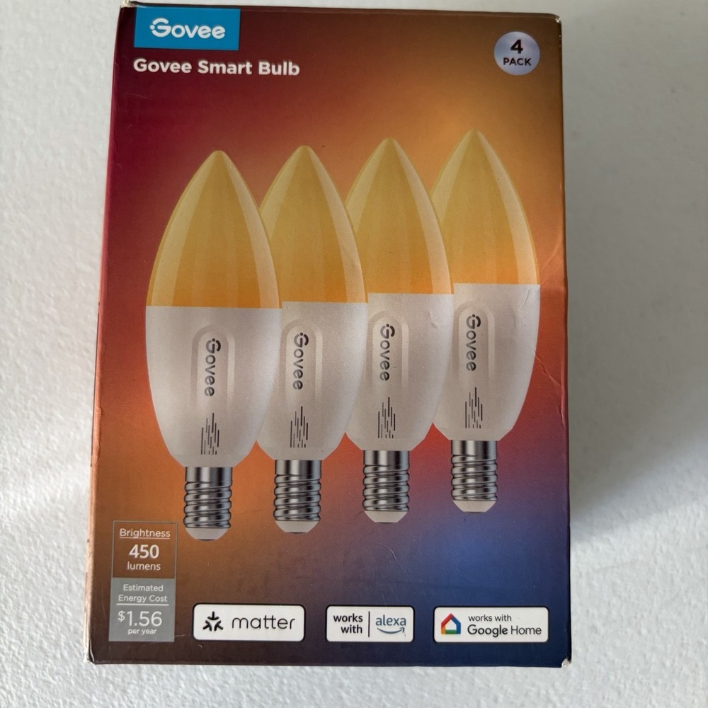 Govee Matter Wi-Fi Dimmable Smart LED E12 Candle Bulb 450lm 4-Pack H600B